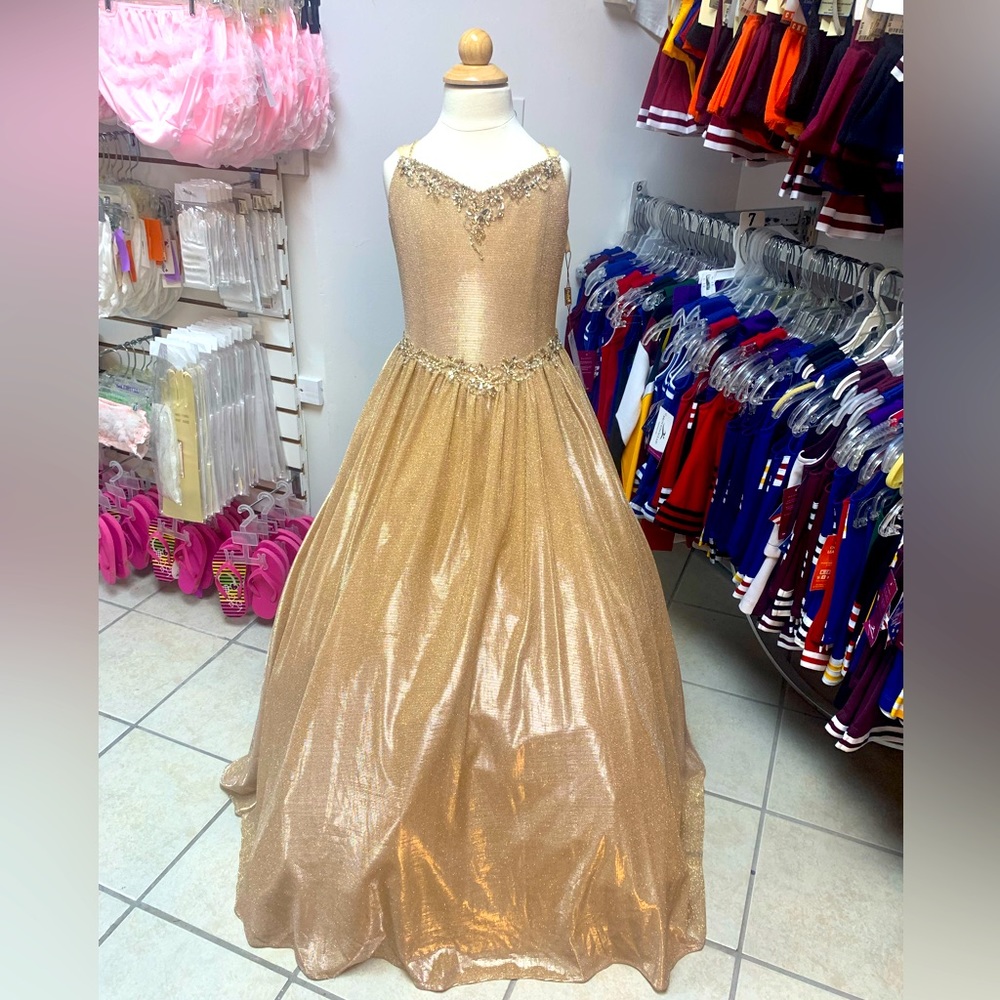 Childs Size 8 Gold Beaded Corset lace up Back Long Ballgown Pageant Dress NWT